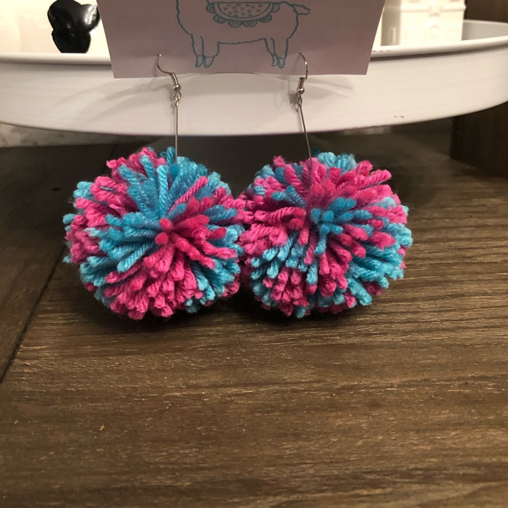 Pink and blue large Pom Pom earrings